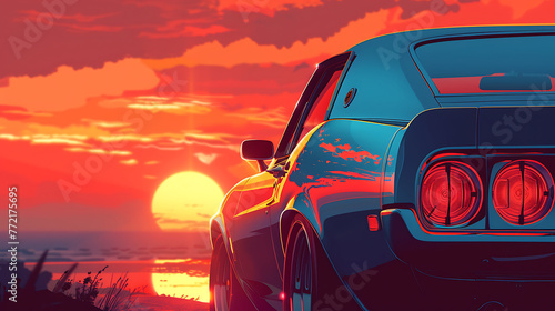 A illustration close up of a car with a sunset in the background. Generative Ai