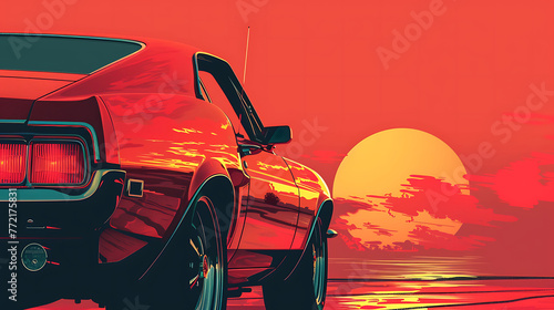 A illustration close up of a car with a sunset in the background. Generative Ai photo
