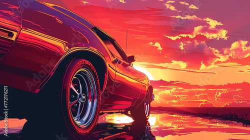 A illustration close up of a car with a sunset in the background. Generative Ai