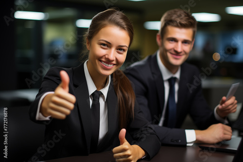 Business team with thumbs. Businesswoman in a black suit is sitting at a desk in an office environment. She is smiling and making thumbs up hand gesture with his fingers with team worker Generative AI