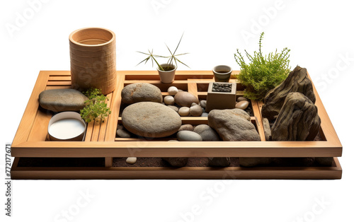 A wooden tray holds rocks and plants, creating a tranquil and natural display