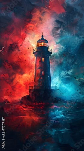 Haunting Lighthouse Stands Amidst Swirling Jewel-Toned Storm,Contrasting Serenity and Turmoil in Cinematic Masterpiece