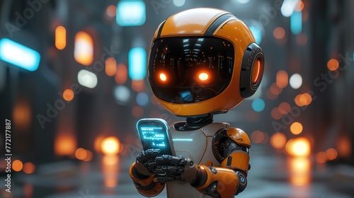 Concept of a futuristic robot interacting with computer programs. Adorable humanoid with a smartphone depicting advanced artificial intelligence technology.