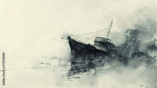 Ink Wash of Weathered Shipwreck Resting on Ocean Floor in Serene Monochromatic Palette