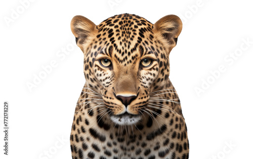 A majestic leopard gazes intensely at the viewer on a stark white background © FMSTUDIO