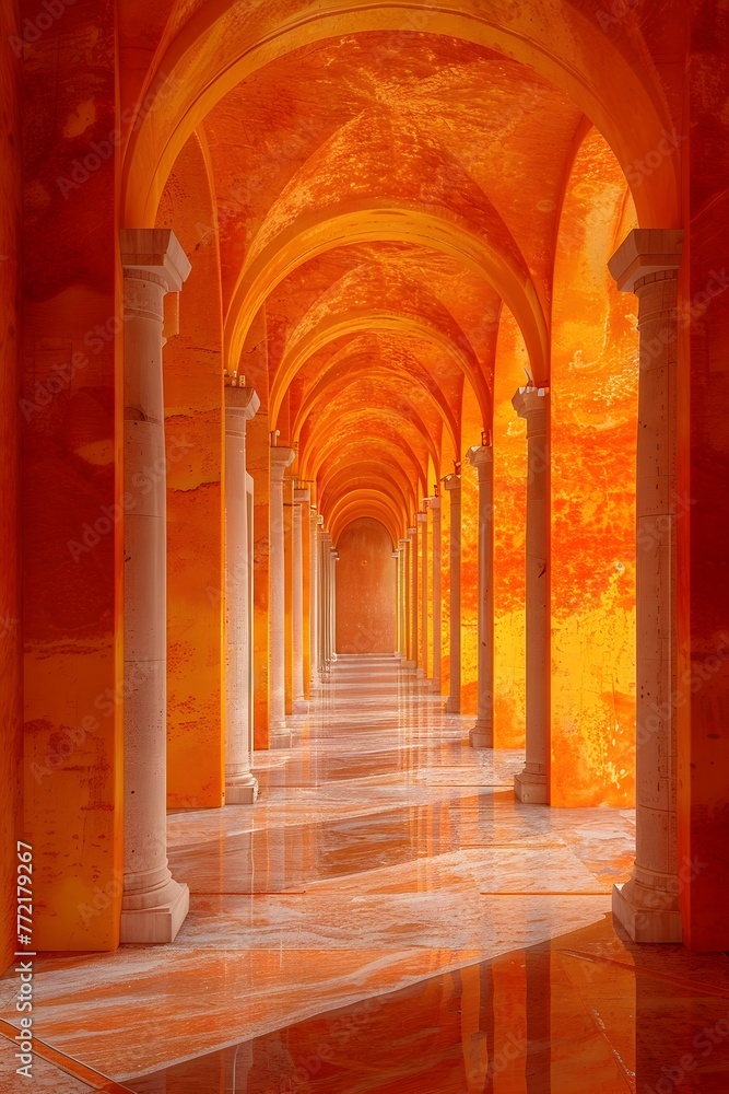 Resplendent Citrus-Hued Halls of an Ancient Castle,Cinematic 3D Render in Photographic Style