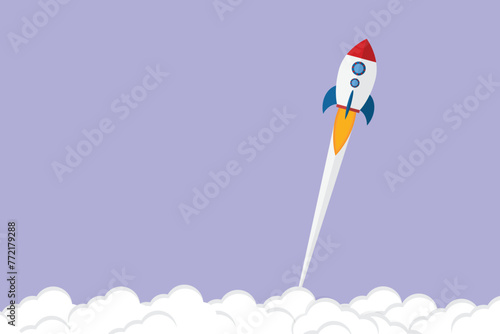 App launch. Startup vector concept, flat cartoon rocket or rocketship launch, mobile phone or smartphone, idea of successful business project start up, boost technology, innovation.   © madedee