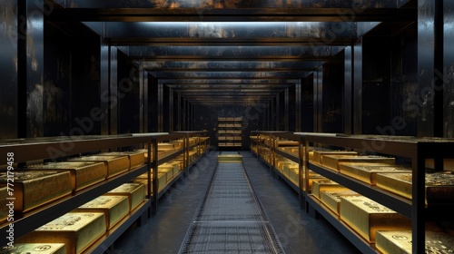 Bank vault containing large gold bars in protective environment © Khalif