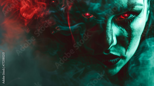Scary devil female face looking ahead at camera, Horror fantasy character concept art.