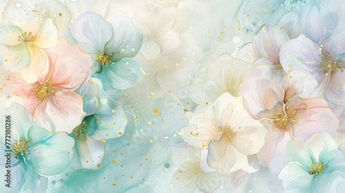 A serene and artistic blend of watercolor flowers in soothing pastel hues, dotted with golden highlights, perfect for Mother's Day themes.