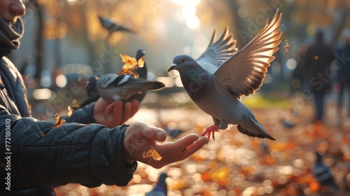 Man feeding the pigeons with his hand outdoors