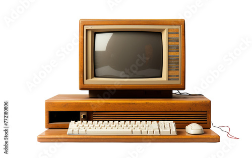An old computer, complete with a vintage keyboard and mouse, sits on a dusty desk