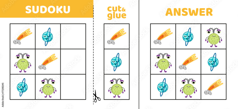 Easy sudoku with meteor, planet, alien. Game puzzle for little kids. Cut and glue. Cartoon