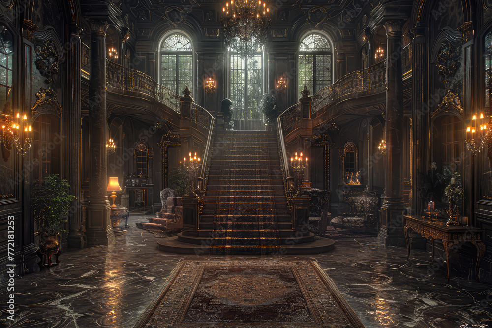 Concept art of the interior of an abandoned gothic mansion, with grand staircase and dark chandeliers. Created with Ai