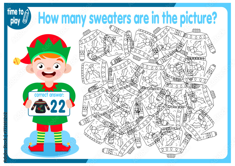 Fototapeta premium Count how many sweaters are hidden in the picture. How many objects are there in the picture? Educational game for children. Colorful cartoon characters. Funny vector illustration.