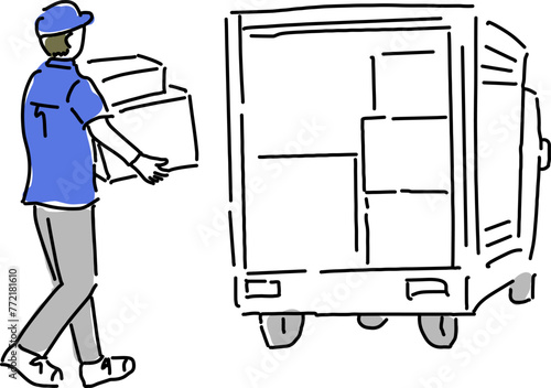 トラックに荷物を運ぶ引越し業者シンプル線画