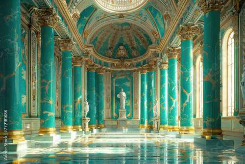 A grand hall with teal and gold walls  adorned with marble columns that exude opulence. The floor is made of polished stone tiles reflecting the sunlight  creating an atmosphere. Created with Ai