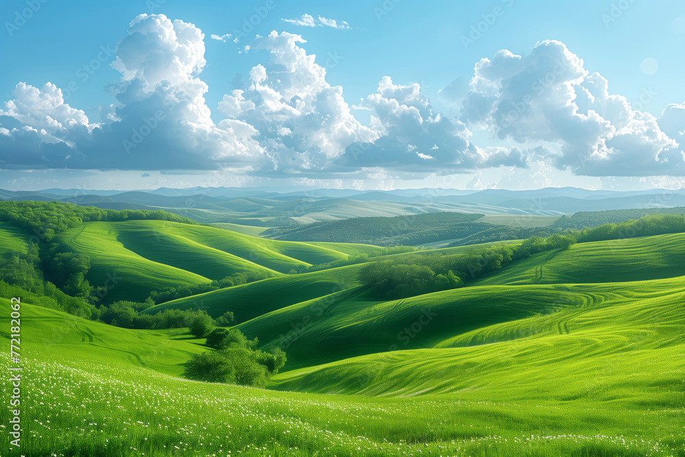 Obraz premium Rolling Green Hills Stretch Under a Sky of Fluffy White Clouds