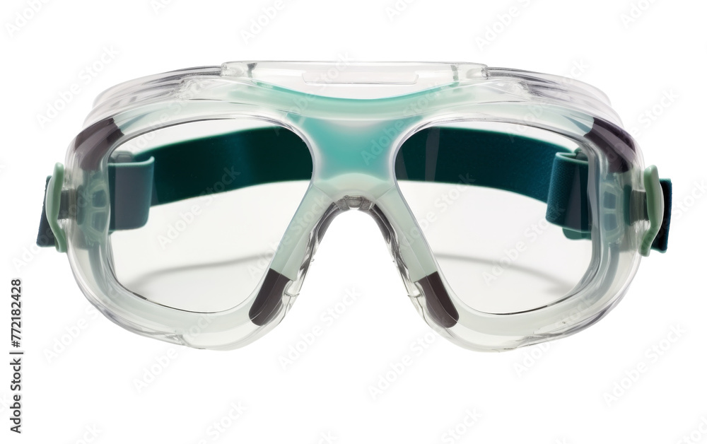 A pair of safety goggles resting elegantly on a white background A pair of safety goggles resting elegantly on a white background