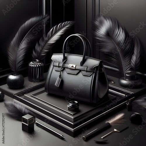 Luxury black golden women's handbag with luxury background photographed in the workshop for display, where it was made. Bag making tools are close bag for women and cute girls, ai generated
 photo