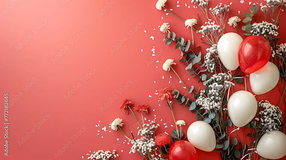 CloseUp Flowers and balloon Holiday concept Banner with place for text. Generative Ai CloseUp Flowers and balloon Holiday concept Banner with place for text. Generative Ai