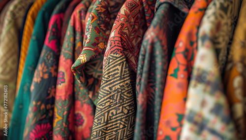A close-up of a rack of vintage clothing items with colorful patterns and textures