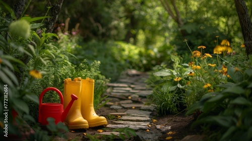 yellow boots and red watering can in sunny spring or summer garden
