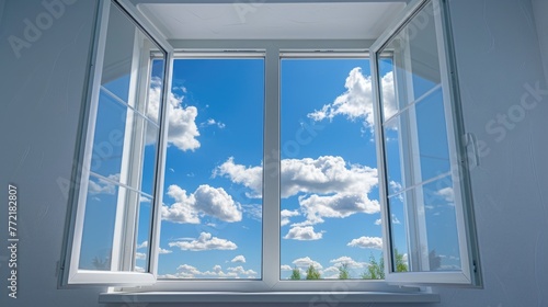 A window with two panes of glass and a clear blue sky outside. The sky is filled with clouds  giving the impression of a cloudy day