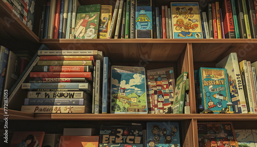 A shelf filled with old-fashioned board games and puzzles, evoking nostalgia photo