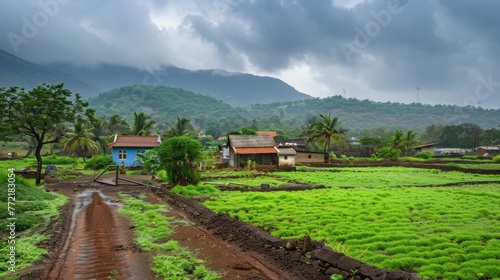 photo of a village with a natural atmosphere when it is about to rain.AI generated image