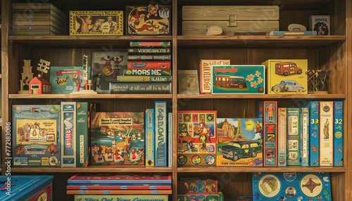 A shelf filled with old-fashioned board games and puzzles, evoking nostalgia