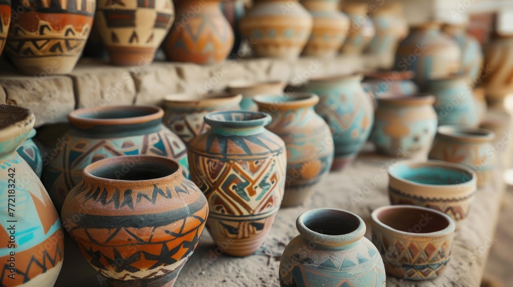 A collection of colorful vases with designs on them. The vases are arranged in a row, with some taller and some shorter. Scene is one of warmth and creativity, as the vases are likely handmade