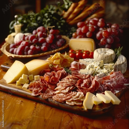 Gourmet Charcuterie Board with Assorted Cheese,Cured Meats,Grapes,and Other Delectable Treats for Sophisticated Dining and Entertaining Experiences