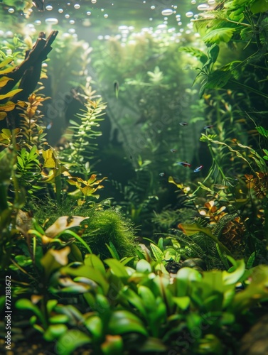 A lush green jungle with a variety of plants and fish swimming in the water. The fish are small and colorful  adding a vibrant touch to the scene. Scene is peaceful and serene  as the plants
