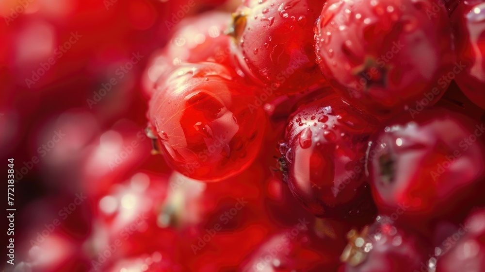 A close up of a bunch of red berries. The berries are shiny and wet, and they are all different sizes. Concept of freshness and abundance, as well as the natural beauty of the fruit A close up of a bunch of red berries. The berries are shiny and wet, and they are all different sizes. Concept of freshness and abundance, as well as the natural beauty of the fruit