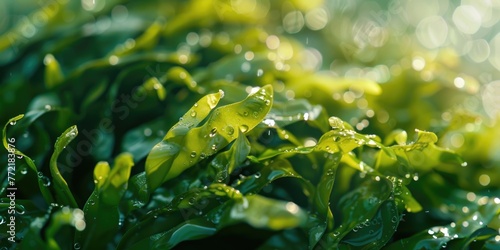 A lush green field with droplets of water on the leaves. The water droplets create a sense of freshness and vitality, emphasizing the beauty of the natural environment