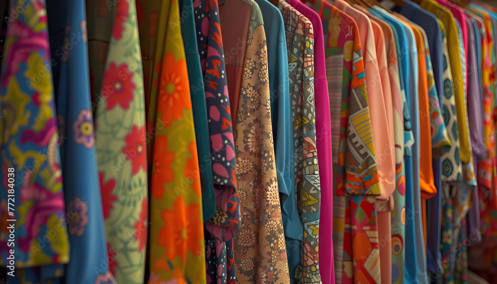 racks of retro clothing with colorful patterns and textures, creating a vibrant and eclectic atmosphere racks of retro clothing with colorful patterns and textures, creating a vibrant and eclectic atmosphere