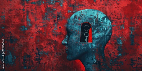 A woman's head with a keyhole in it is on a red background. Concept of mystery and intrigue, as the keyhole represents a hidden or unknown space