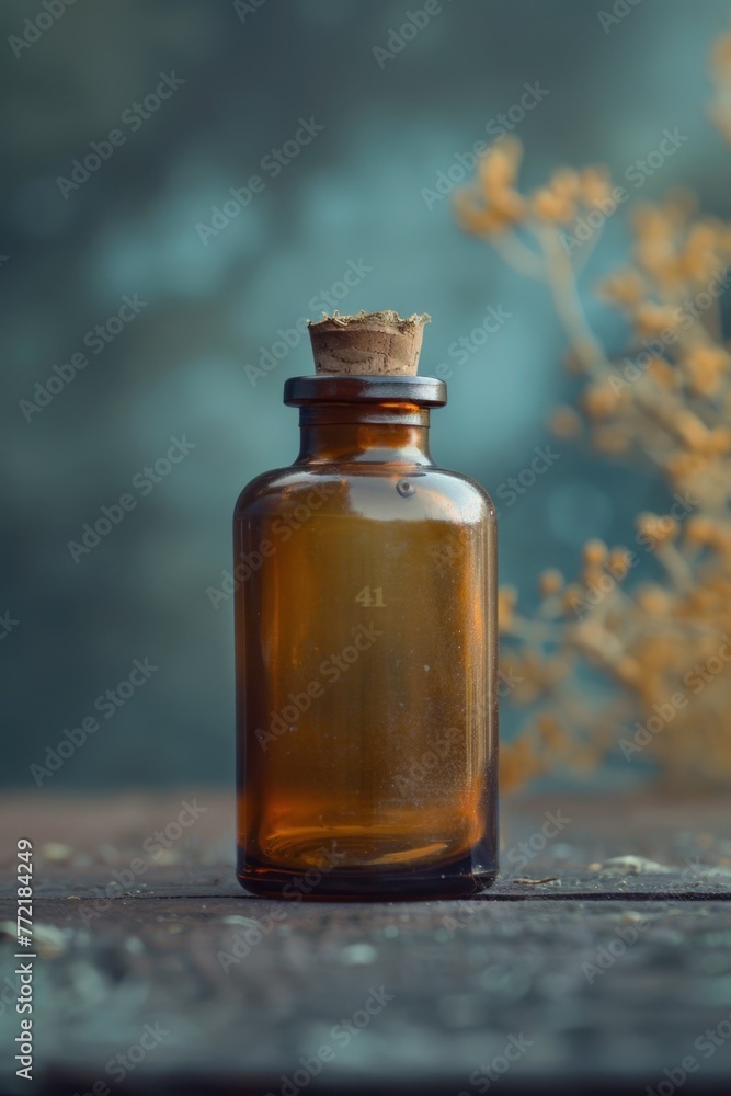 A brown bottle with a cork stopper sits on a wooden table. The bottle is empty and has a number 41 on it. The bottle is surrounded by a few leaves, which add a natural touch to the scene A brown bottle with a cork stopper sits on a wooden table. The bottle is empty and has a number 41 on it. The bottle is surrounded by a few leaves, which add a natural touch to the scene