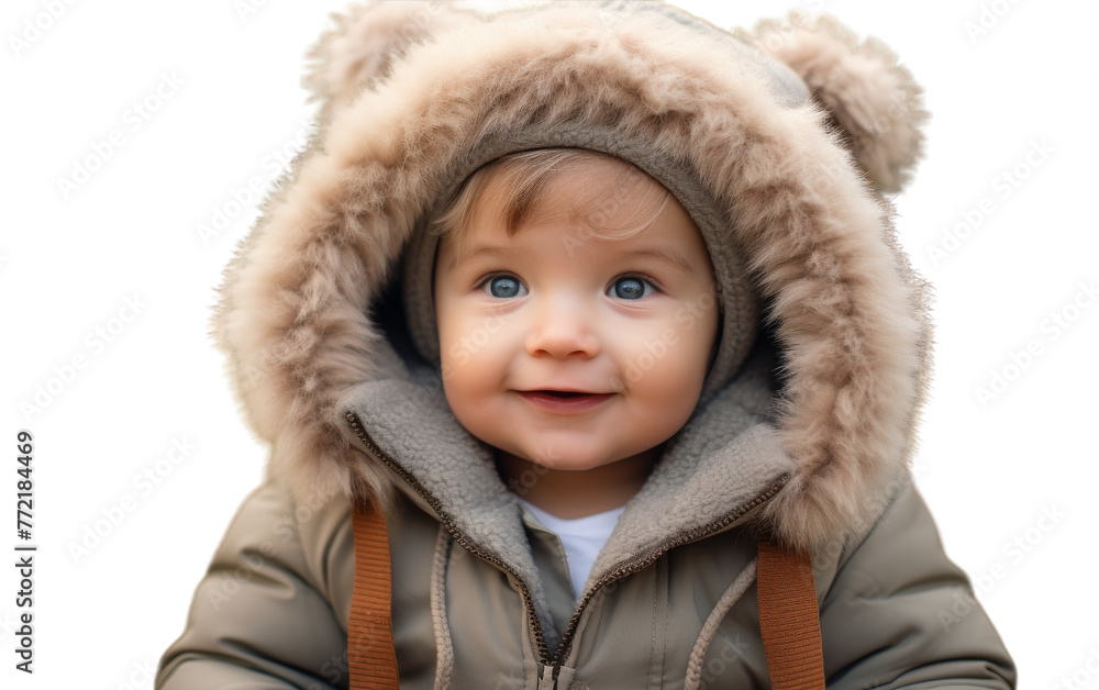 A little boy wearing a jacket and a bear hat smiles up at the camera A little boy wearing a jacket and a bear hat smiles up at the camera