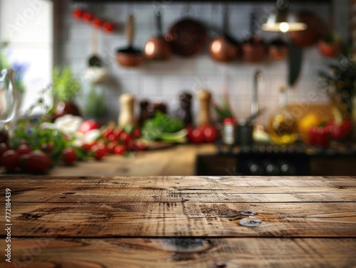 A kitchen with a wooden table and a bunch of food on it. The table is covered with a variety of fruits and vegetables, including tomatoes, peppers, and carrots. There are also some spices © vefimov