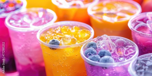 A row of colorful cups filled with different flavored drinks. The cups are arranged in a row, with some cups containing orange drinks and others containing purple drinks
