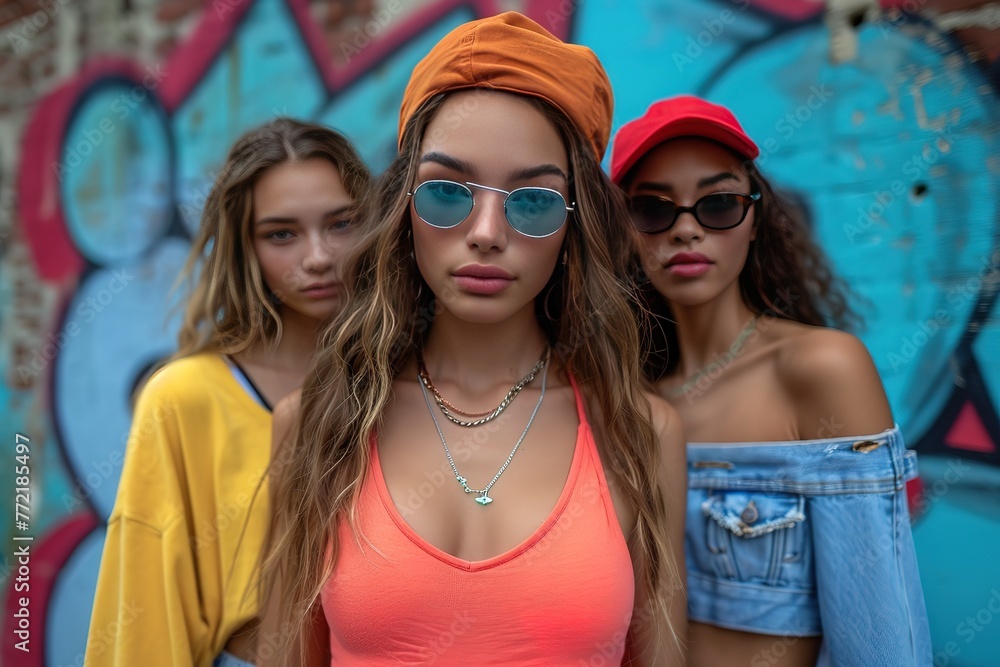 Streetwear Fashion Graffiti Backdrop Models posing in streetwear fashion against a vibrant graffiti backdrop Streetwear Fashion Graffiti Backdrop Models posing in streetwear fashion against a vibrant graffiti backdrop