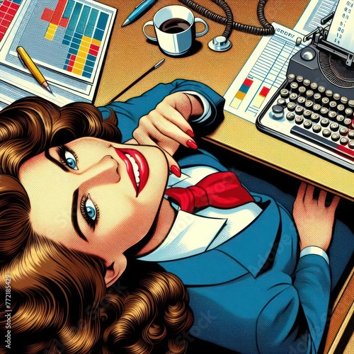 Top view of beautiful attractive long-haired secretary at desk in office
