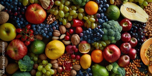 A colorful assortment of fruits and vegetables  including apples  oranges  grapes  and broccoli. Concept of abundance and freshness  showcasing the variety of healthy foods available