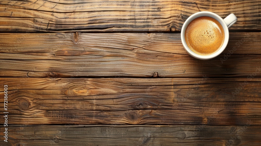 Top view of a frothy cup of coffee on a rustic wooden table with distinctive wood grain patterns and warm tones. Top view of a frothy cup of coffee on a rustic wooden table with distinctive wood grain patterns and warm tones.