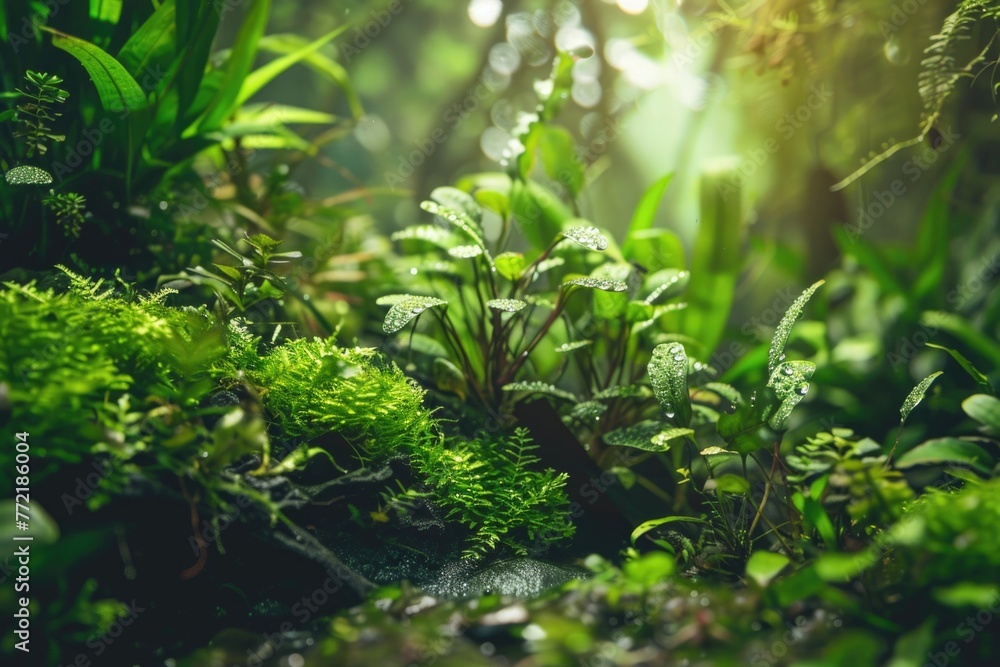 A lush green forest with a lot of plants and moss. The forest is full of life and is a beautiful sight to behold A lush green forest with a lot of plants and moss. The forest is full of life and is a beautiful sight to behold