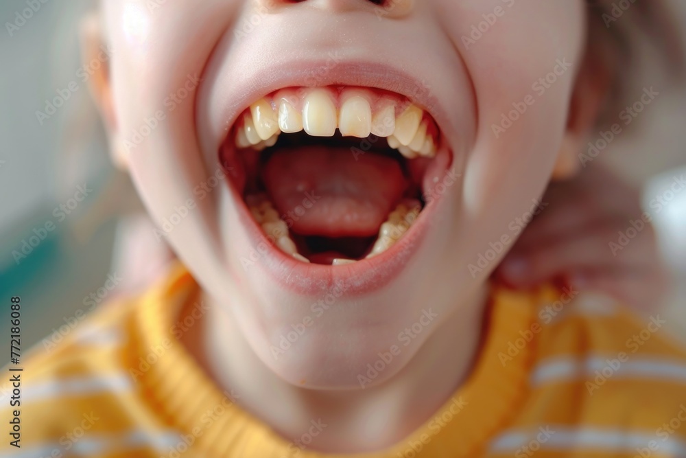 A young child with a yellow shirt and a smile on his face. The child's teeth are visible, and it appears that he is happy A young child with a yellow shirt and a smile on his face. The child's teeth are visible, and it appears that he is happy