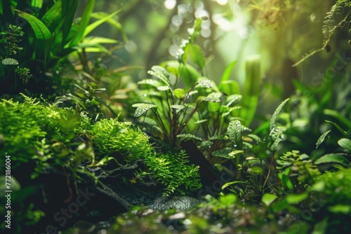 A lush green forest with a lot of plants and moss. The forest is full of life and is a beautiful sight to behold