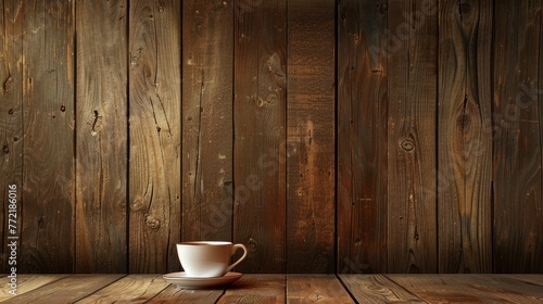 The quiet company of a coffee cup on wood, A solitary cup of coffee centered on a vintage wooden table, with rich textures and warm tones creating a welcoming atmosphere.